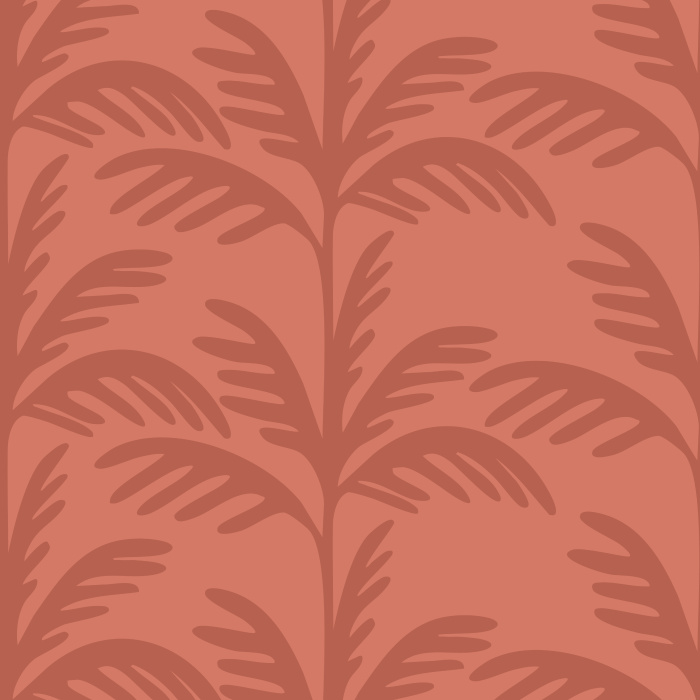 Warm Palms Wallpaper brings a bold, tropical-inspired aesthetic with oversized palm leaf silhouettes in terracotta against a muted blush pink background.