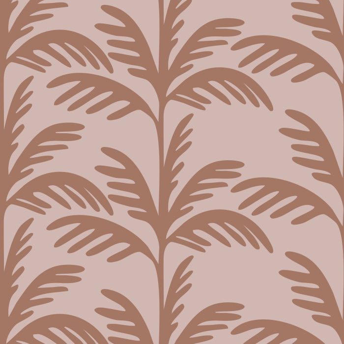 Warm Palms Wallpaper brings a bold, tropical-inspired aesthetic with oversized palm leaf silhouettes in terracotta against a muted blush pink background.