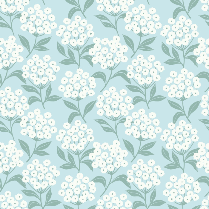 Earthy Hydrangeas Wallpaper showcases a charming floral repeat of white hydrangea clusters with soft brown leaves on a warm taupe background.