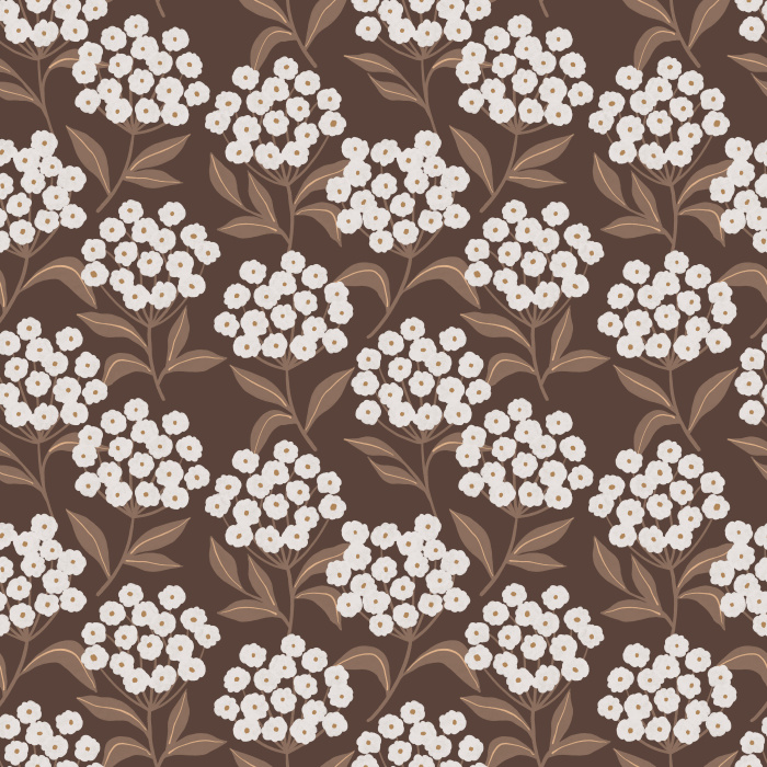 Earthy Hydrangeas Wallpaper showcases a charming floral repeat of white hydrangea clusters with soft brown leaves on a warm taupe background.