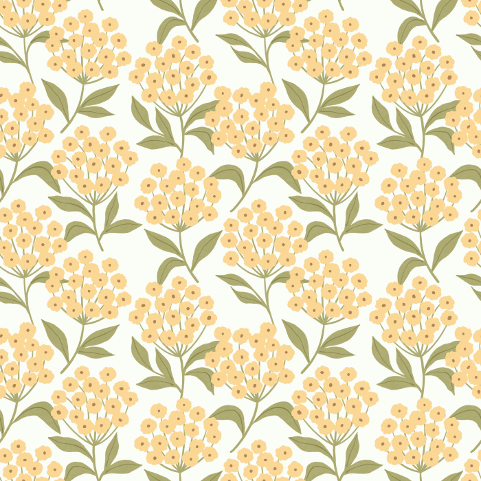 Earthy Hydrangeas Wallpaper showcases a charming floral repeat of white hydrangea clusters with soft brown leaves on a warm taupe background.