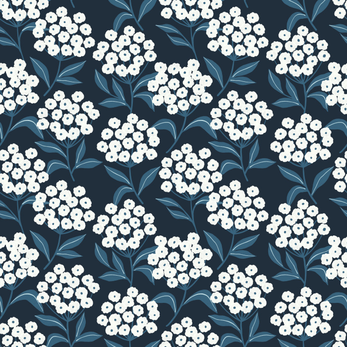 Earthy Hydrangeas Wallpaper showcases a charming floral repeat of white hydrangea clusters with soft brown leaves on a warm taupe background.