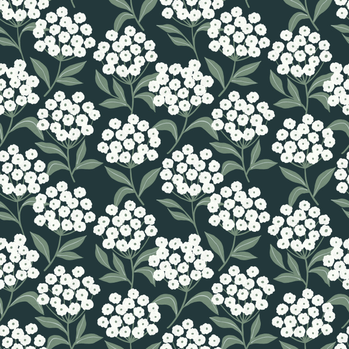 Earthy Hydrangeas Wallpaper showcases a charming floral repeat of white hydrangea clusters with soft brown leaves on a warm taupe background.