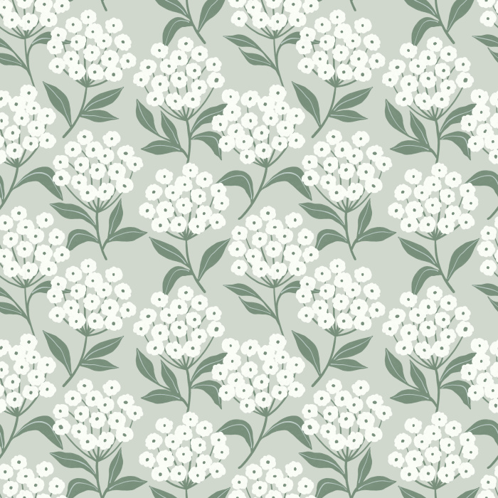 Earthy Hydrangeas Wallpaper showcases a charming floral repeat of white hydrangea clusters with soft brown leaves on a warm taupe background.