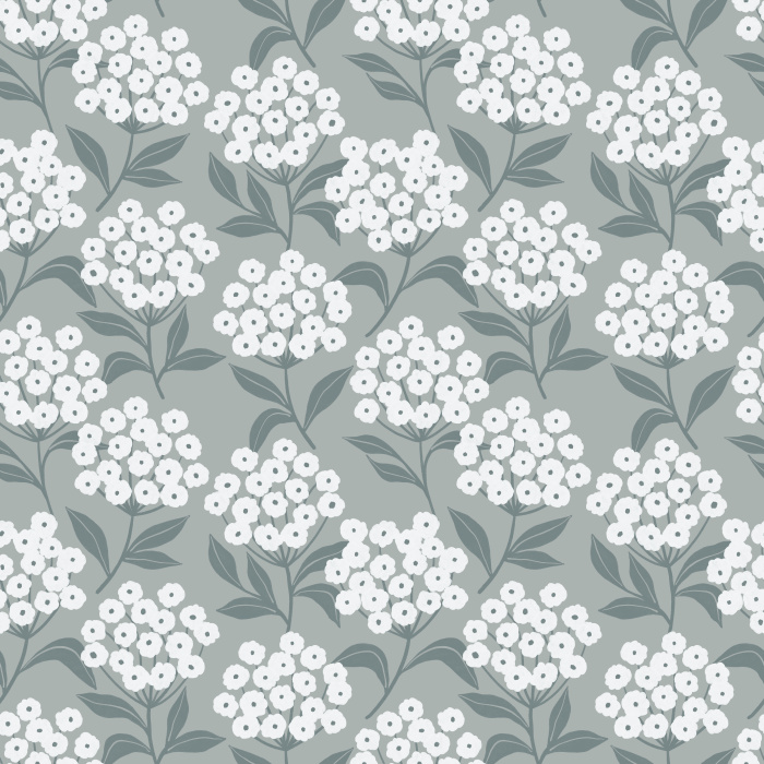 Earthy Hydrangeas Wallpaper showcases a charming floral repeat of white hydrangea clusters with soft brown leaves on a warm taupe background.