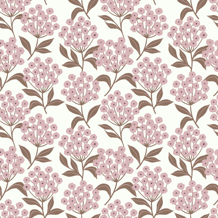 Earthy Hydrangeas Wallpaper showcases a charming floral repeat of white hydrangea clusters with soft brown leaves on a warm taupe background.