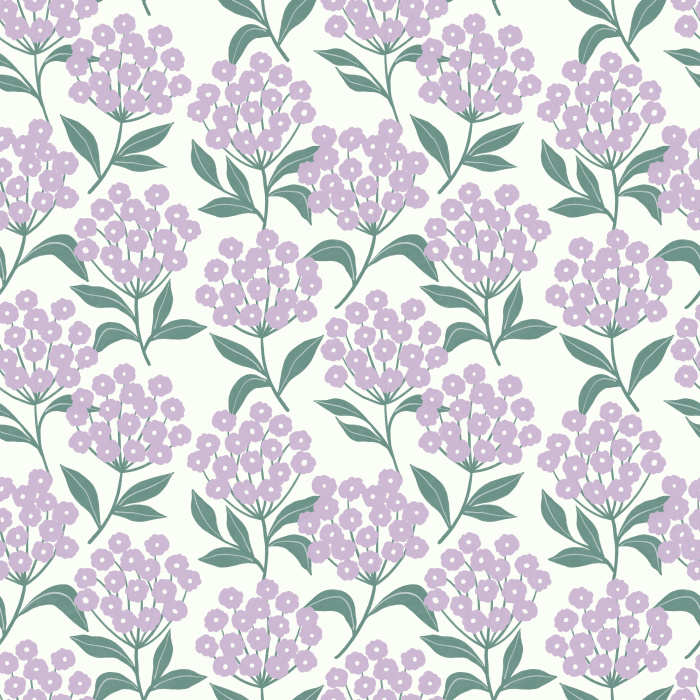 Earthy Hydrangeas Wallpaper showcases a charming floral repeat of white hydrangea clusters with soft brown leaves on a warm taupe background.