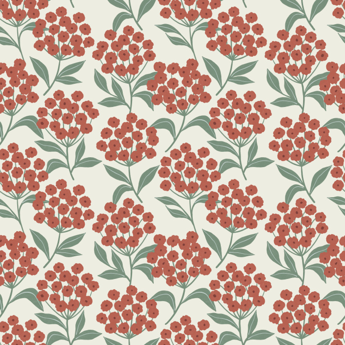 Earthy Hydrangeas Wallpaper showcases a charming floral repeat of white hydrangea clusters with soft brown leaves on a warm taupe background.