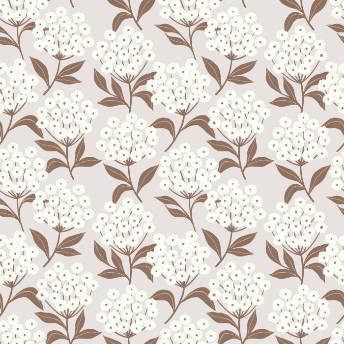 Earthy Hydrangeas Wallpaper showcases a charming floral repeat of white hydrangea clusters with soft brown leaves on a warm taupe background.