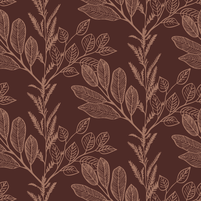 Botanical Overlay Wallpaper features vertical trailing leaves in soft beige over a bold terracotta backdrop, blending warmth with natural elegance.
