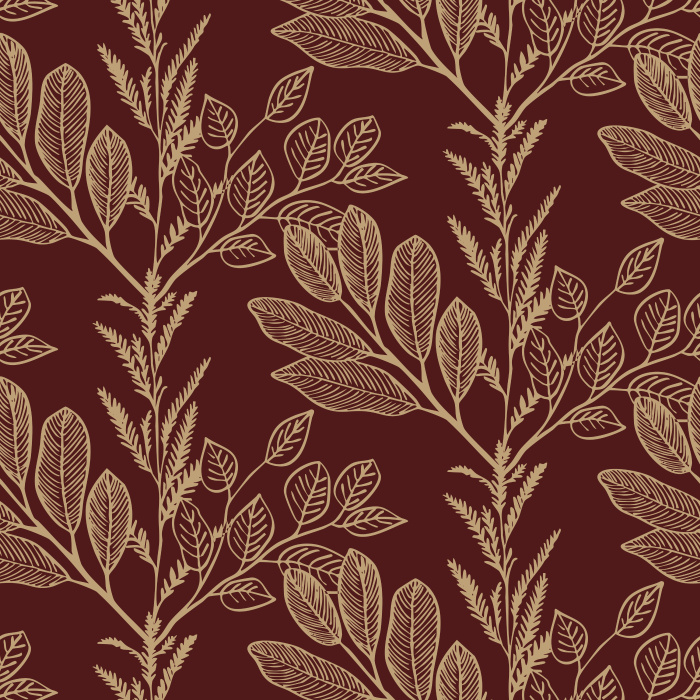 Botanical Overlay Wallpaper features vertical trailing leaves in soft beige over a bold terracotta backdrop, blending warmth with natural elegance.