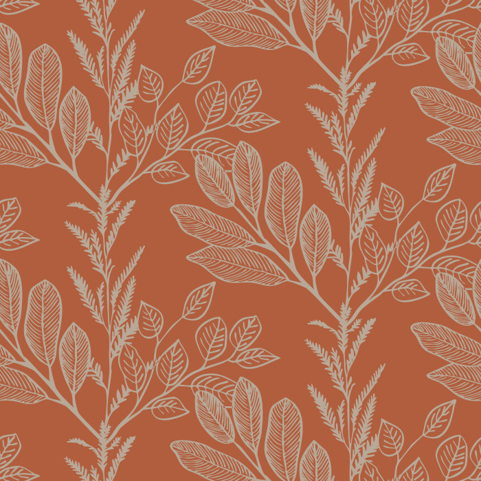 Botanical Overlay Wallpaper features vertical trailing leaves in soft beige over a bold terracotta backdrop, blending warmth with natural elegance.