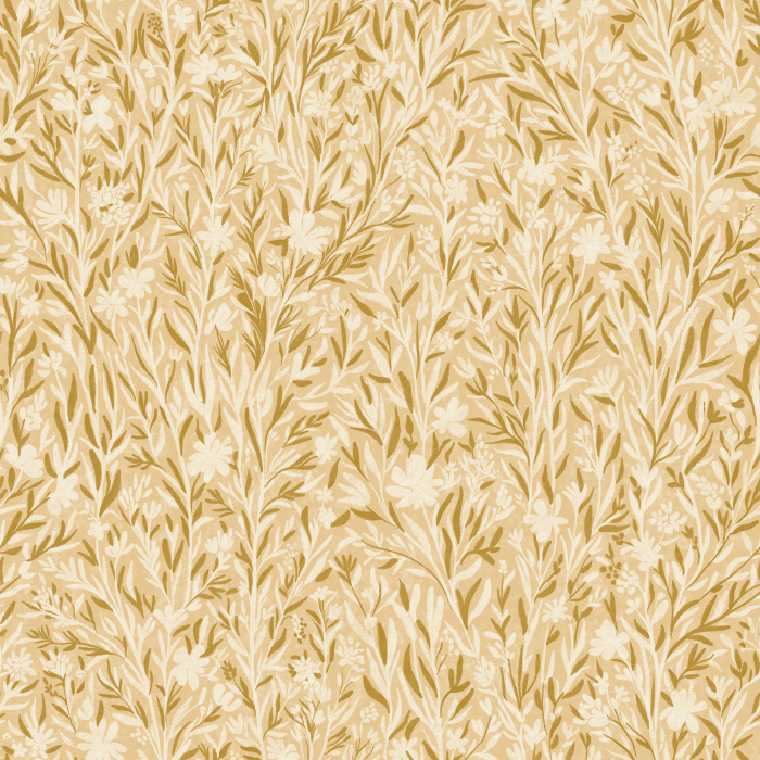 Golden Gossamer Wallpaper features an intricate hand-painted floral pattern in warm golden beige tones with subtle cocoa brown accents.