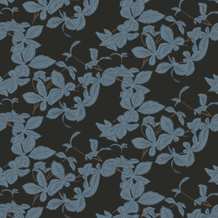 Azure Branch Wallpaper features a refined vine and leaf pattern in soft blue-gray over a warm ivory background.