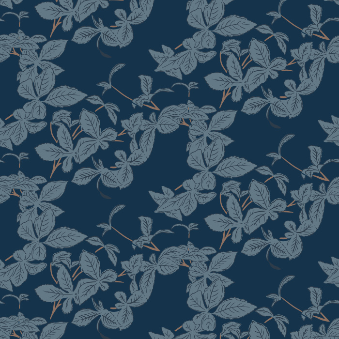 Azure Branch Wallpaper features a refined vine and leaf pattern in soft blue-gray over a warm ivory background.