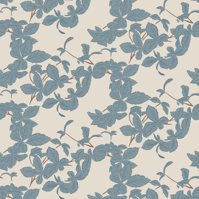 Azure Branch Wallpaper features a refined vine and leaf pattern in soft blue-gray over a warm ivory background.