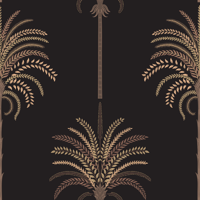 Decorative Palms Wallpaper features elegant, stylized palm motifs in brown and gold over a cream background for a refined tropical look.

