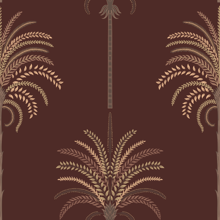 Decorative Palms Wallpaper features elegant, stylized palm motifs in brown and gold over a cream background for a refined tropical look.