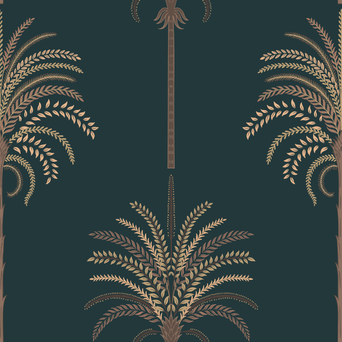 Decorative Palms Wallpaper features elegant, stylized palm motifs in brown and gold over a cream background for a refined tropical look.

