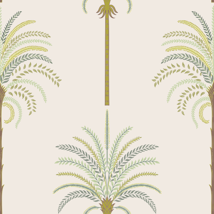 Decorative Palms Wallpaper features elegant, stylized palm motifs in brown and gold over a cream background for a refined tropical look.