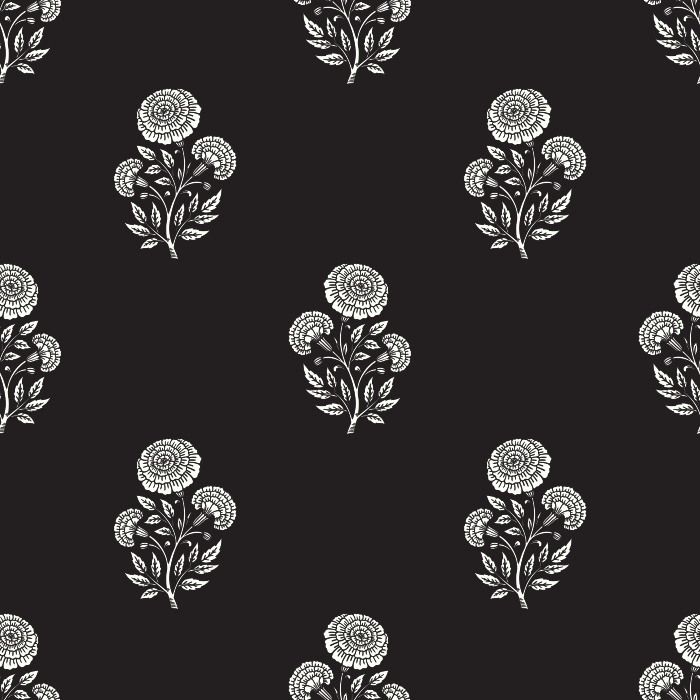 Marigold Whispers Wallpaper features a delicate floral repeat of stylized marigold blossoms in muted mauve and sage tones.

