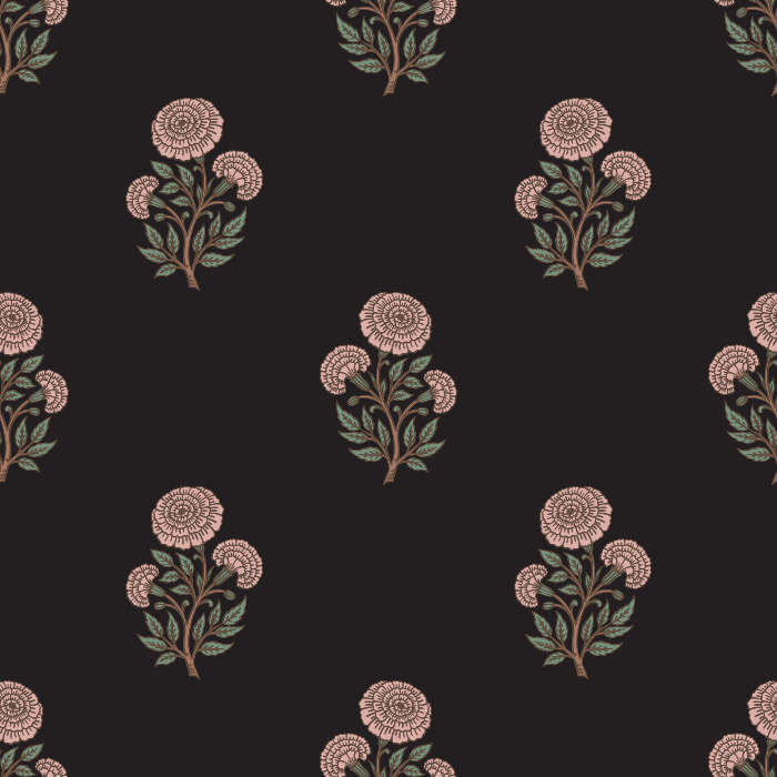 Marigold Whispers Wallpaper features a delicate floral repeat of stylized marigold blossoms in muted mauve and sage tones.

