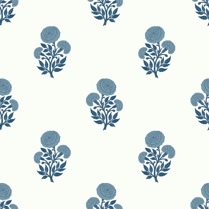 Marigold Whispers Wallpaper features a delicate floral repeat of stylized marigold blossoms in muted mauve and sage tones.

