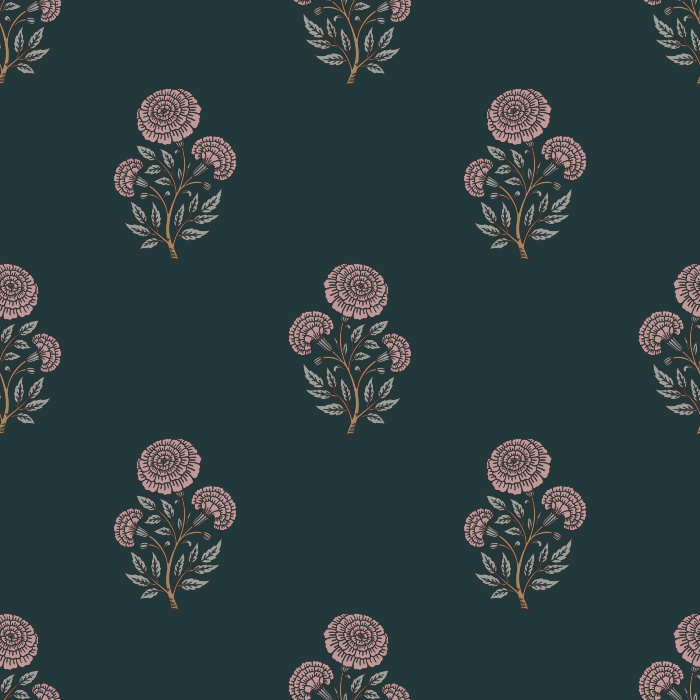 Marigold Whispers Wallpaper features a delicate floral repeat of stylized marigold blossoms in muted mauve and sage tones.

