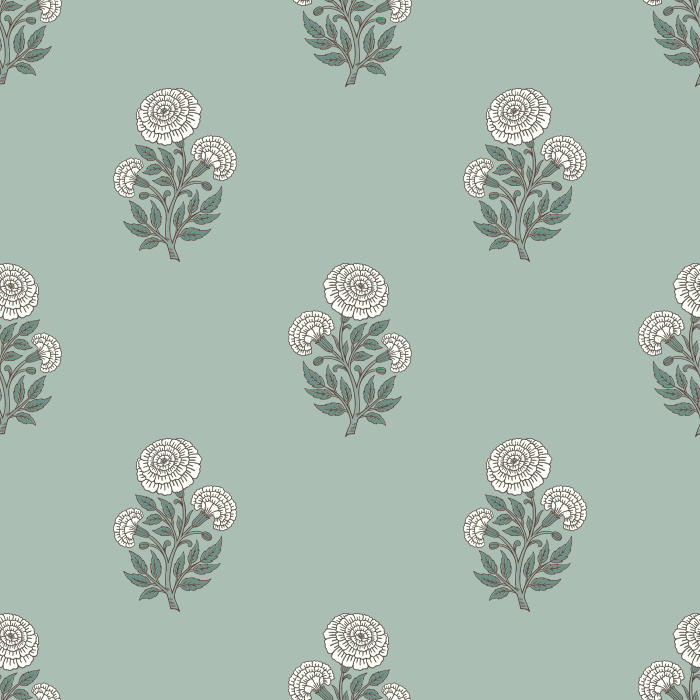 Marigold Whispers Wallpaper features a delicate floral repeat of stylized marigold blossoms in muted mauve and sage tones.