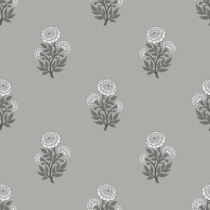 Marigold Whispers Wallpaper features a delicate floral repeat of stylized marigold blossoms in muted mauve and sage tones.

