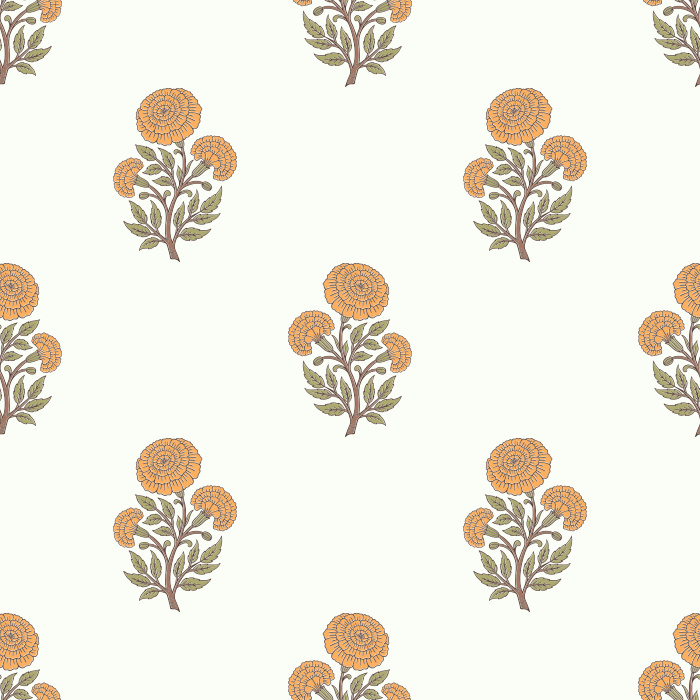 Marigold Whispers Wallpaper features a delicate floral repeat of stylized marigold blossoms in muted mauve and sage tones.

