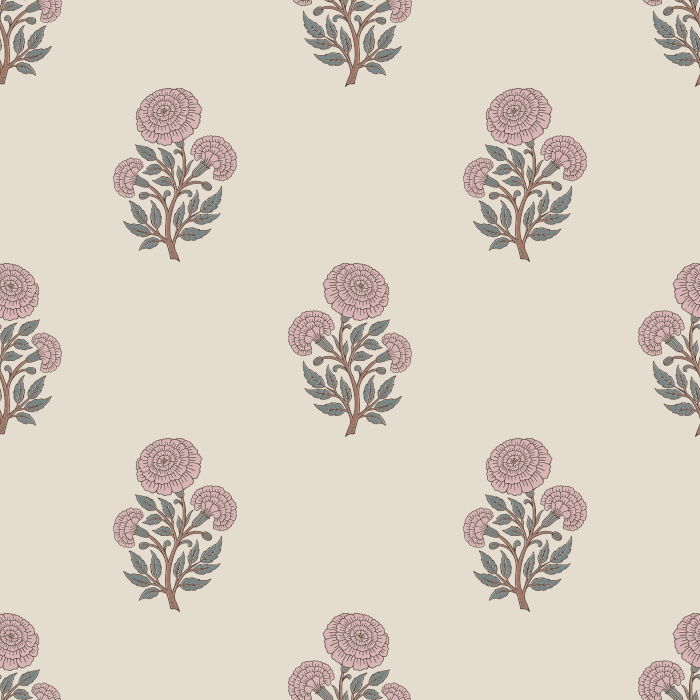 Marigold Whispers Wallpaper features a delicate floral repeat of stylized marigold blossoms in muted mauve and sage tones.

