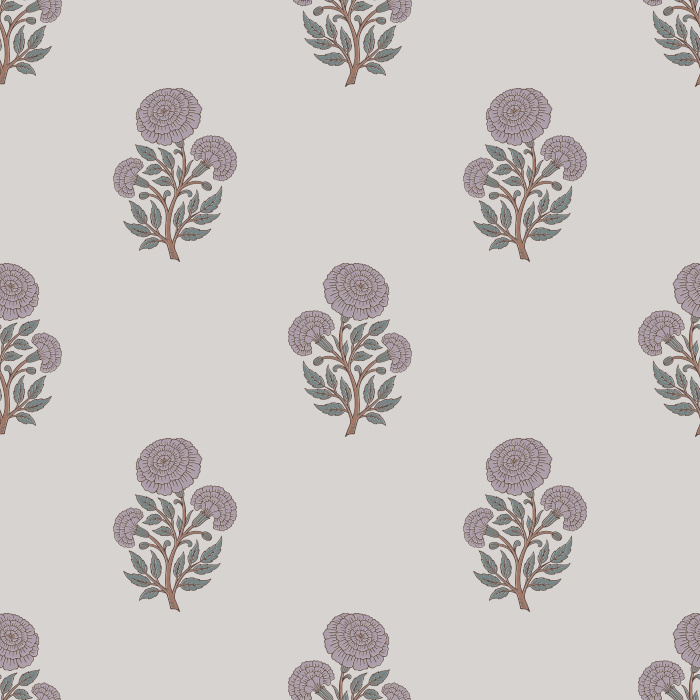 Marigold Whispers Wallpaper features a delicate floral repeat of stylized marigold blossoms in muted mauve and sage tones.


