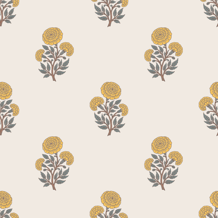 Marigold Whispers Wallpaper features a delicate floral repeat of stylized marigold blossoms in muted mauve and sage tones.

