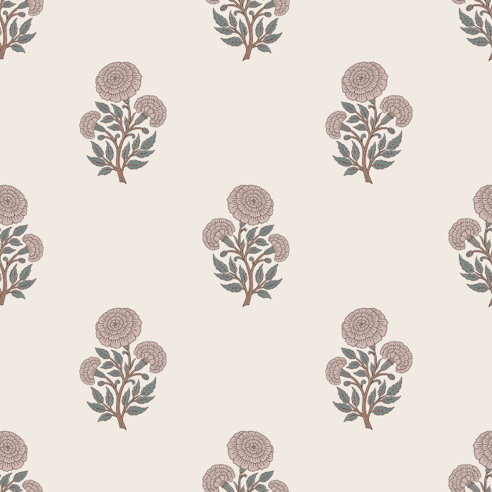 Marigold Whispers Wallpaper features a delicate floral repeat of stylized marigold blossoms in muted mauve and sage tones.

