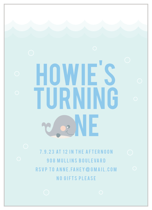 Your child's big day is coming up, gather family and friends together to celebrate with our Tiny Whale First Birthday Invitations.