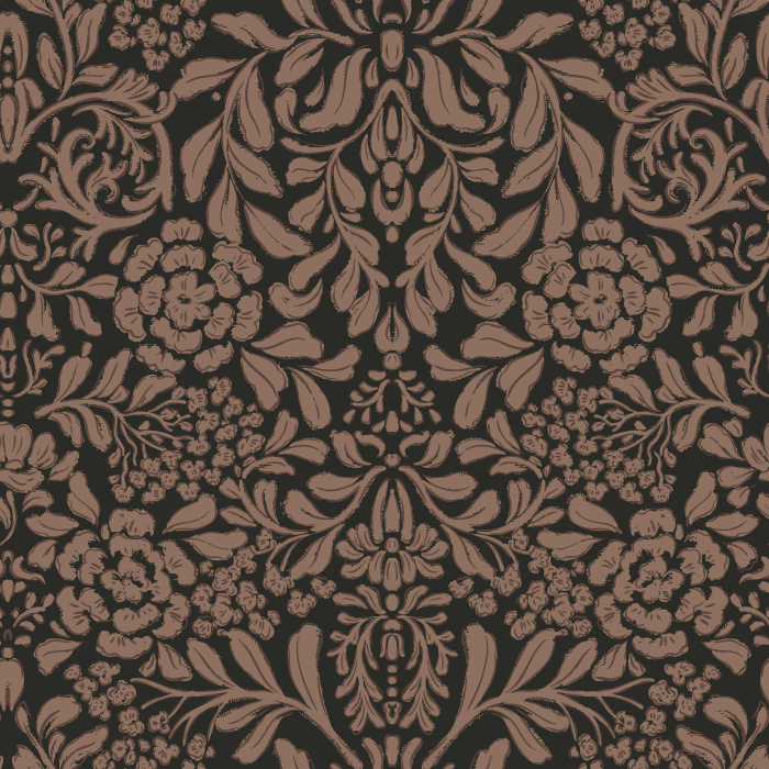 Introduce vintage-inspired elegance to your home with Bell Meadow wallpaper, showcasing an intricate damask floral pattern in a rich mocha brown and taupe color palette.