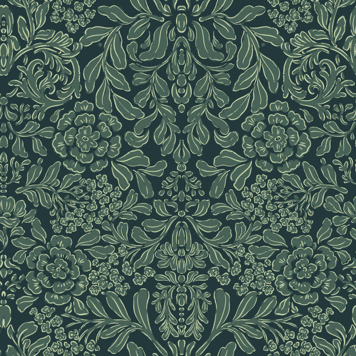 Introduce vintage-inspired elegance to your home with Bell Meadow wallpaper, showcasing an intricate damask floral pattern in a rich mocha brown and taupe color palette.