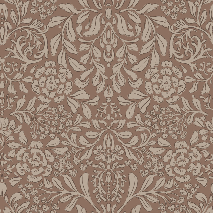 Introduce vintage-inspired elegance to your home with Bell Meadow wallpaper, showcasing an intricate damask floral pattern in a rich mocha brown and taupe color palette.