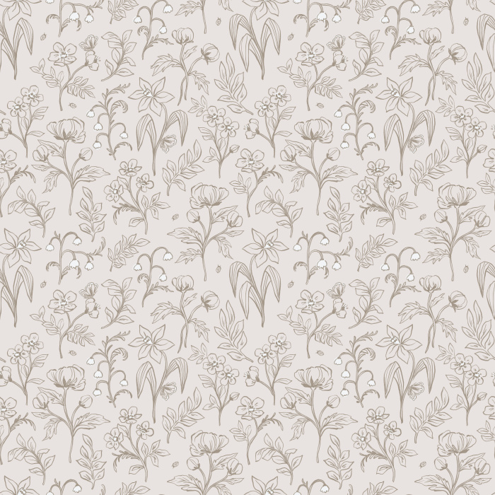 Brighten your home with the delicate charm of Sketched Wildflora wallpaper, featuring hand-drawn wildflower and botanical line art in soft taupe on a crisp white background.