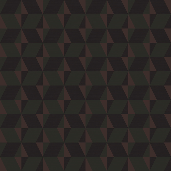 Add bold dimension to your room with Earthy Geometric wallpaper, showcasing a striking mid-century-inspired geometric pattern in deep charcoal, warm brown, and muted blue tones.