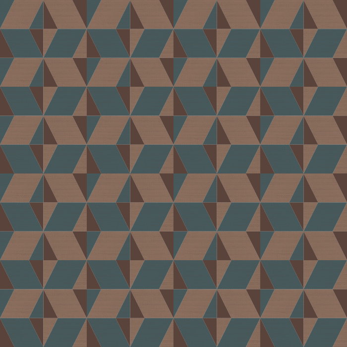 Add bold dimension to your room with Earthy Geometric wallpaper, showcasing a striking mid-century-inspired geometric pattern in deep charcoal, warm brown, and muted blue tones.