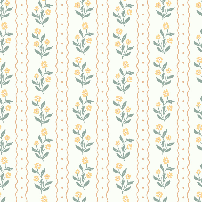 Bring a touch of vintage charm to your home with Jasmine Breeze wallpaper, featuring dainty floral bouquets and scalloped stripe accents in warm taupe and golden honey tones on a creamy background.
