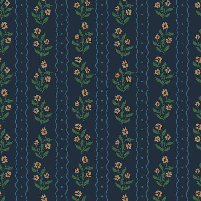 Bring a touch of vintage charm to your home with Jasmine Breeze wallpaper, featuring dainty floral bouquets and scalloped stripe accents in warm taupe and golden honey tones on a creamy background.