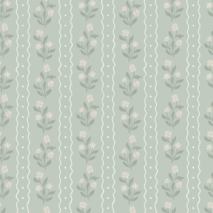 Bring a touch of vintage charm to your home with Jasmine Breeze wallpaper, featuring dainty floral bouquets and scalloped stripe accents in warm taupe and golden honey tones on a creamy background.