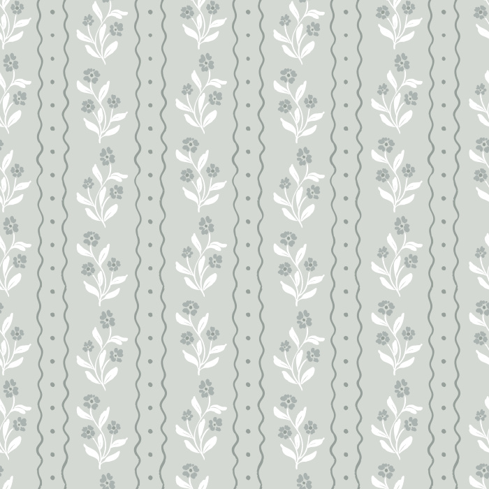 Bring a touch of vintage charm to your home with Jasmine Breeze wallpaper, featuring dainty floral bouquets and scalloped stripe accents in warm taupe and golden honey tones on a creamy background.