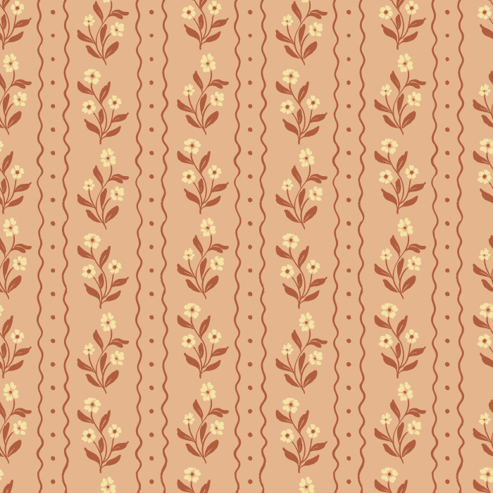 Bring a touch of vintage charm to your home with Jasmine Breeze wallpaper, featuring dainty floral bouquets and scalloped stripe accents in warm taupe and golden honey tones on a creamy background.