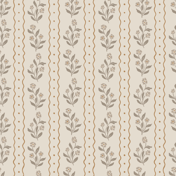Bring a touch of vintage charm to your home with Jasmine Breeze wallpaper, featuring dainty floral bouquets and scalloped stripe accents in warm taupe and golden honey tones on a creamy background.