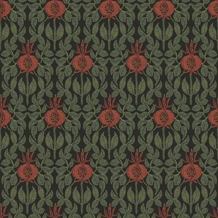 Infuse your home with artisanal charm using Rosehip Blockprint wallpaper, featuring hand-drawn rosehip florals in earthy red and sage green on a warm cream background.