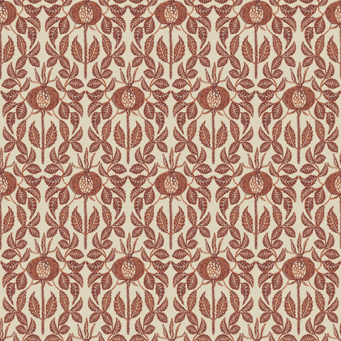 Infuse your home with artisanal charm using Rosehip Blockprint wallpaper, featuring hand-drawn rosehip florals in earthy red and sage green on a warm cream background.

